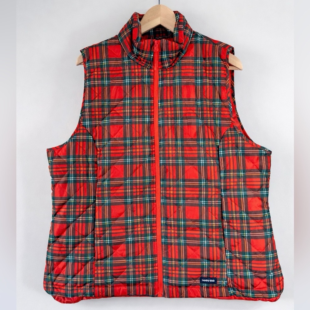 Lands’ End Red Tartan Plaid Quilted Puffer Vest XL NWT